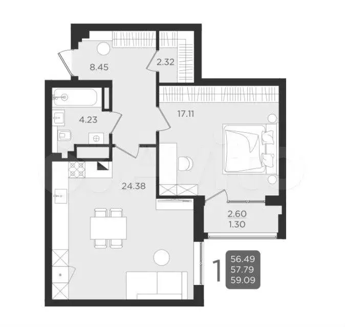 1-к. квартира, 59,1 м, 4/9 эт. - Фото 1