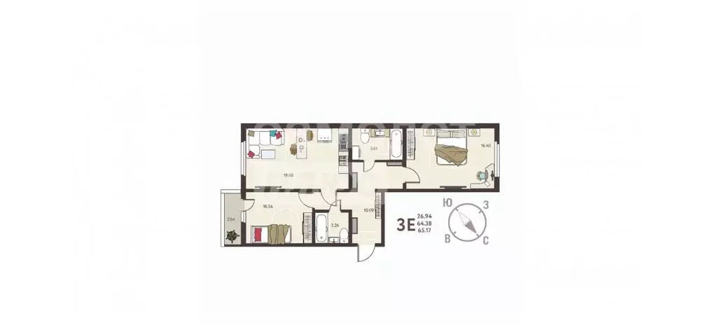 2-к кв. Курская область, Курск ул. Энгельса, 158к2 (65.17 м) - Фото 2