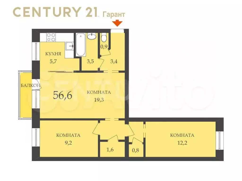 3-к. квартира, 56,6 м, 2/5 эт. - Фото 0
