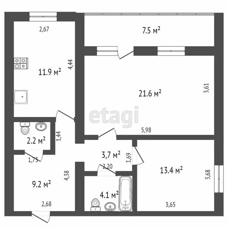 2-комнатная квартира: Тюмень, улица Грибоедова, 13к1 (66.5 м) - Фото 1