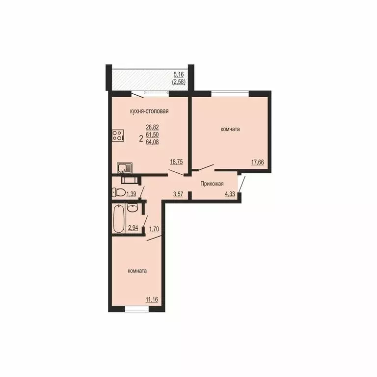 2-комнатная квартира: посёлок Западный, улица Дружбы, 6 (64.08 м) - Фото 1