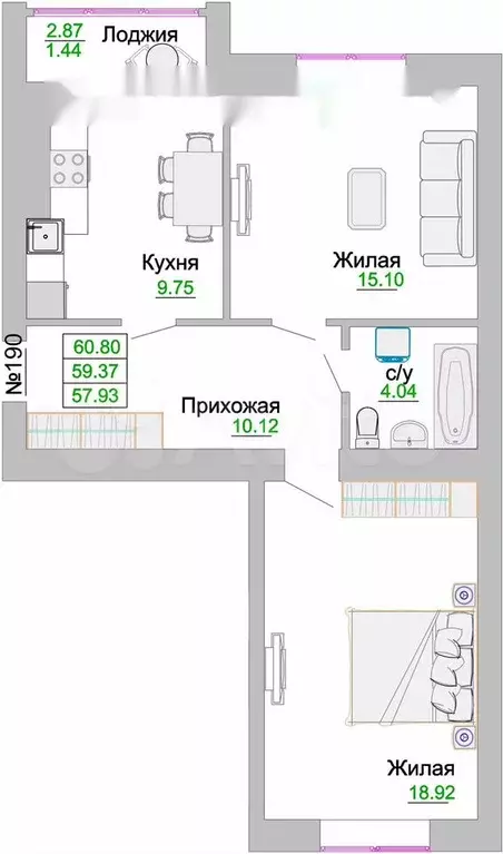 2-к. квартира, 59,4 м, 1/9 эт. - Фото 1