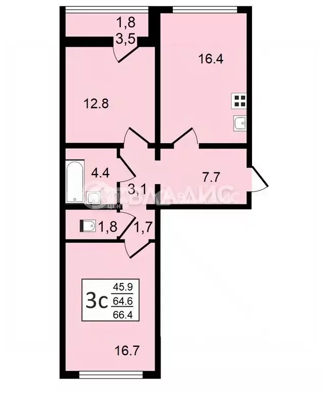 3-к кв. Воронежская область, Воронеж ул. Шишкова, 140Б/6 (66.4 м) - Фото 0