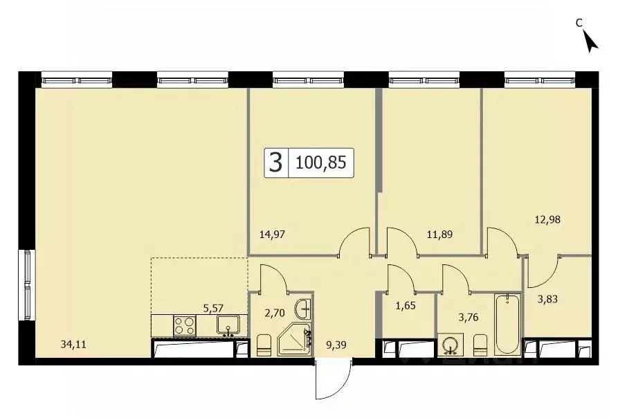 3-к кв. Москва 3-я Гражданская ул., 21 (100.85 м) - Фото 0