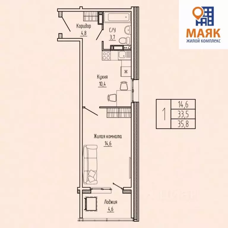 1-к кв. Мурманская область, Мурманск ул. Шевченко, 1А (35.8 м) - Фото 2