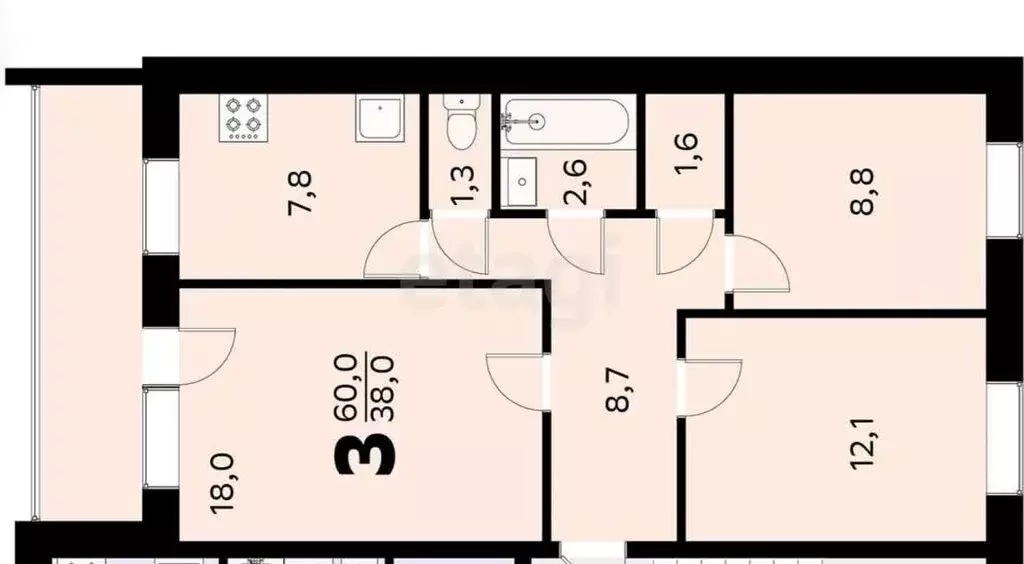 3-комнатная квартира: Тымовское, Библиотечная улица, 6А (60.2 м) - Фото 1