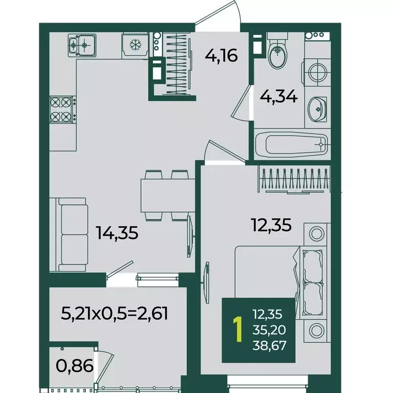 1-комнатная квартира: Краснодар, микрорайон Образцово (38.67 м) - Фото 1