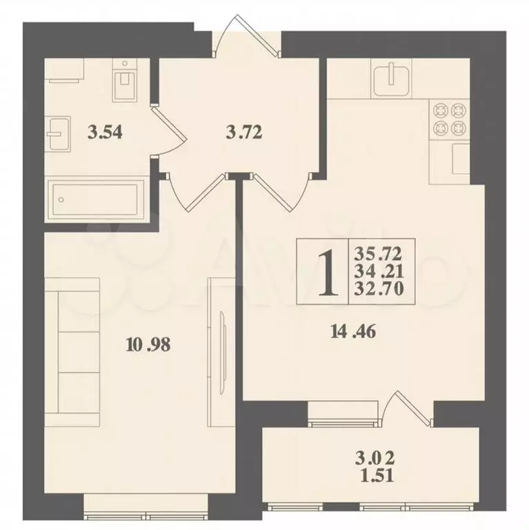 1-к. квартира, 41м, 4/4эт. - Фото 1