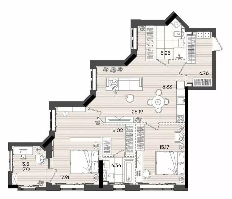 2-комнатная квартира: Казань, микрорайон Родины, ЖК Адали (88.47 м) - Фото 2