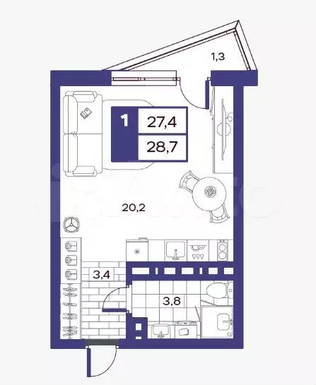 Квартира-студия, 28,5 м, 6/14 эт. - Фото 1