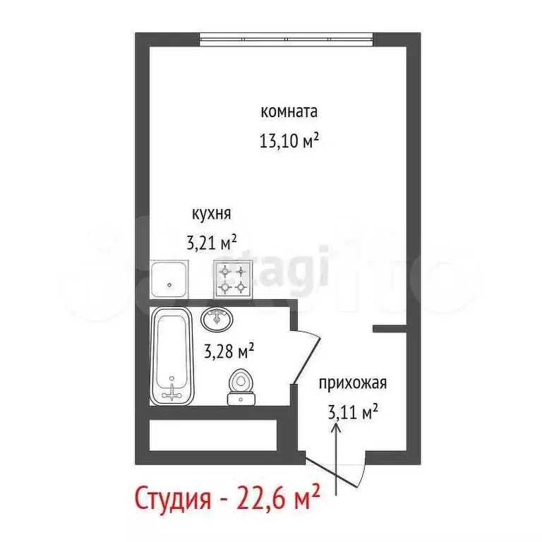 Квартира-студия, 22,6 м, 21/28 эт. - Фото 0