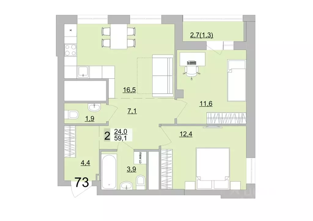 2-к кв. Свердловская область, Екатеринбург ул. Черкасская, 5к3 (60.45 ... - Фото 1