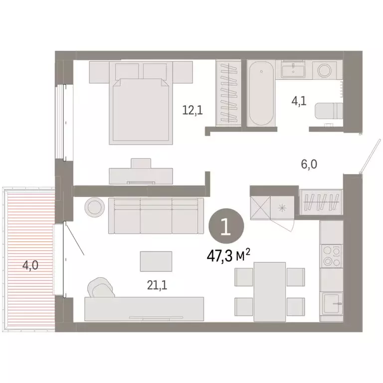 1-комнатная квартира: Тюмень, жилой комплекс На Минской (47.28 м) - Фото 2