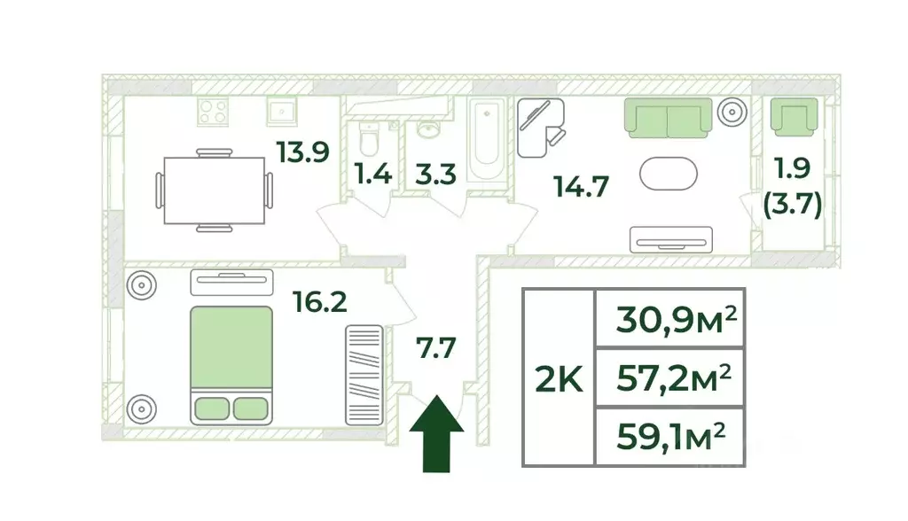 2-к кв. Крым, Симферопольский район, с. Мирное, Жигулина Роща мкр  ... - Фото 1