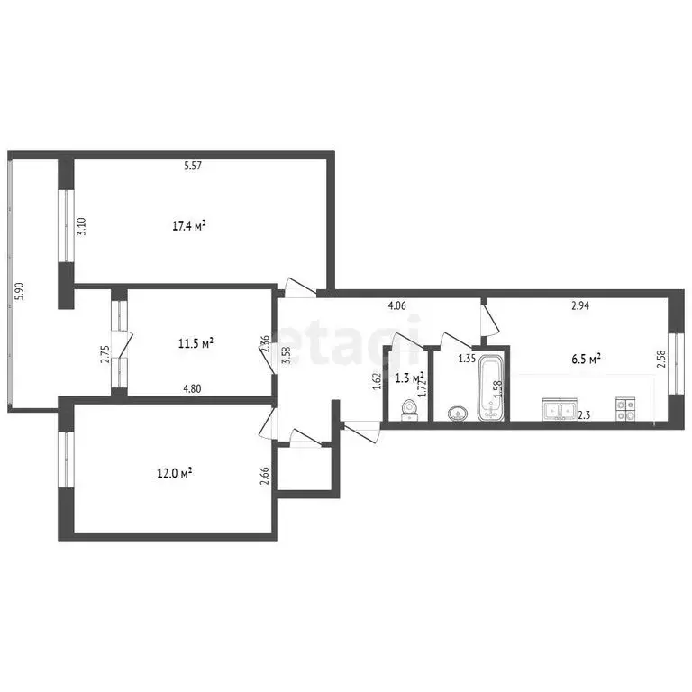 3-комнатная квартира: Кировское, улица Кирова, 12 (62.1 м) - Фото 1