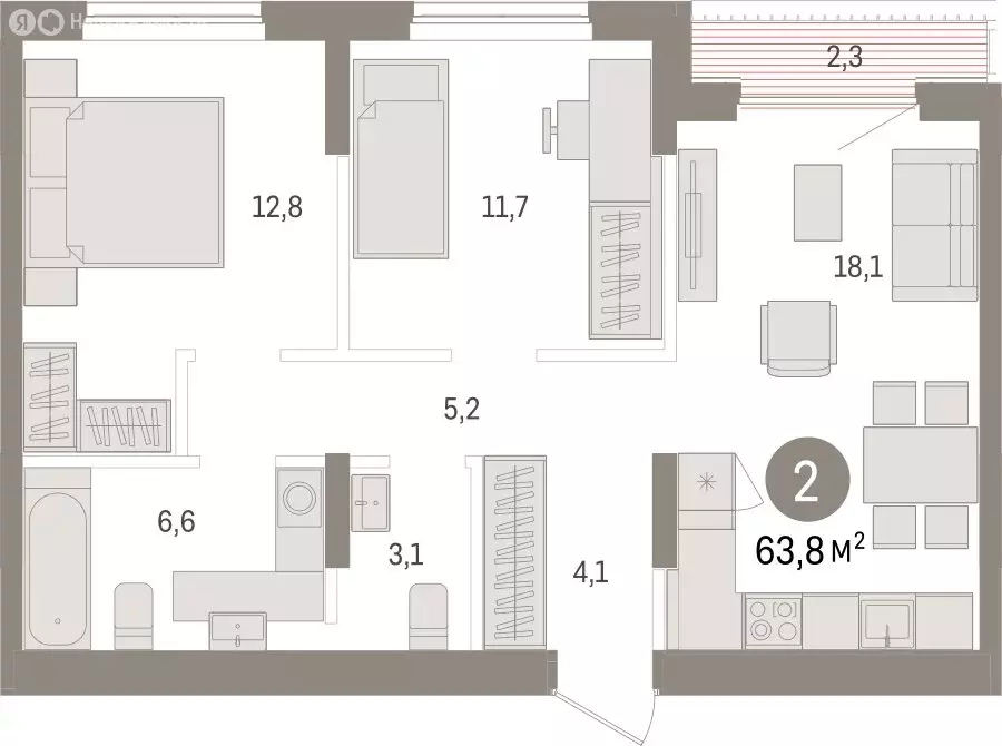 2-комнатная квартира: Новосибирск, улица Аэропорт (63.77 м) - Фото 1