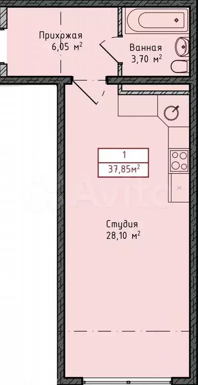Квартира-студия, 37,9 м, 2/8 эт. - Фото 1