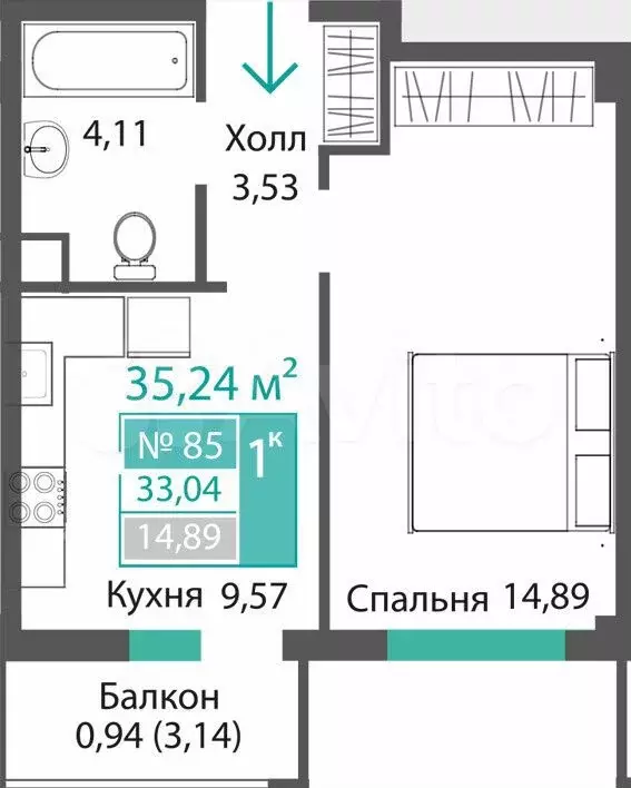 1-к. квартира, 33 м, 2/9 эт. - Фото 0