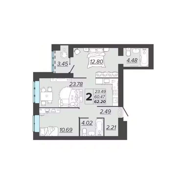 2-к кв. Брянская область, Брянск Архитектор жилой комплекс (62.2 м) - Фото 1