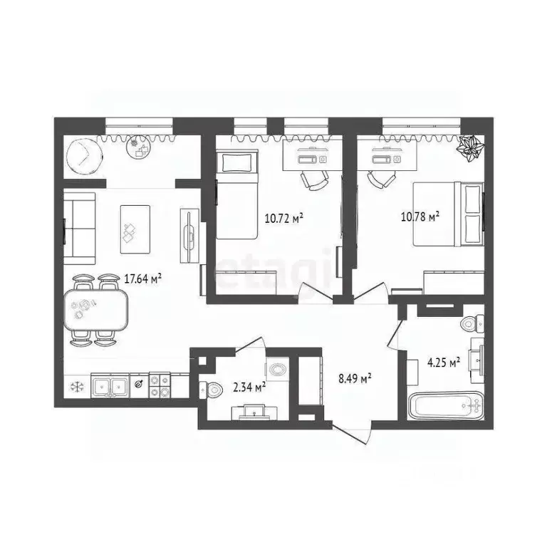 2-к кв. Тюменская область, Тюмень Харьковская ул., 74 (54.2 м) - Фото 2