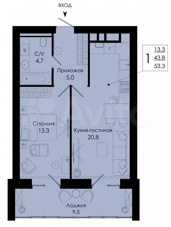 1-к. квартира, 54,1 м, 3/10 эт. - Фото 0