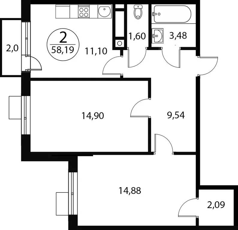 2-к квартира, 58.19 м - Фото 0