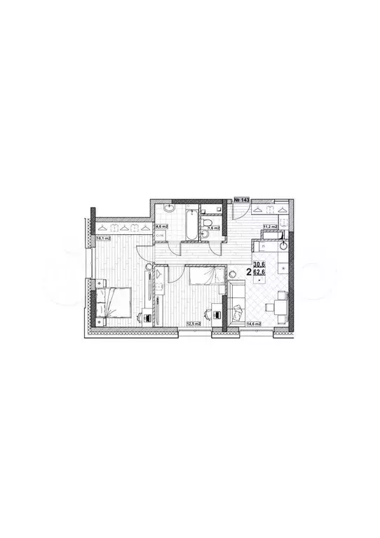 2-к. квартира, 62,6 м, 2/24 эт. - Фото 1