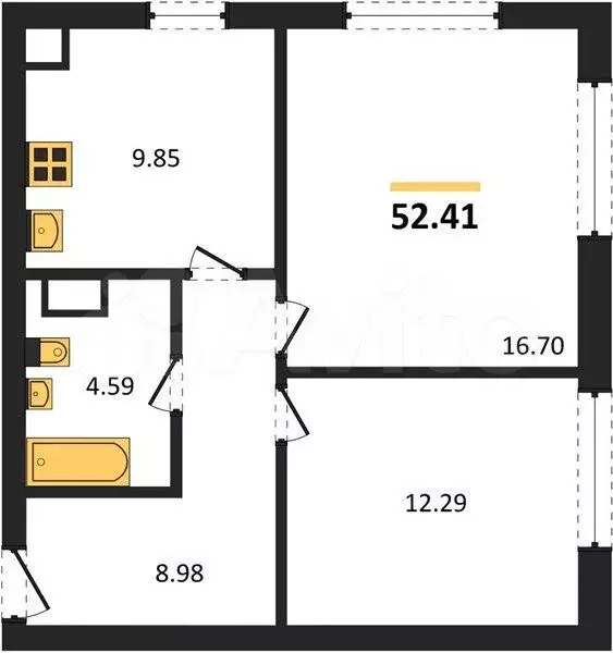 2-к. квартира, 52,4 м, 4/4 эт. - Фото 1