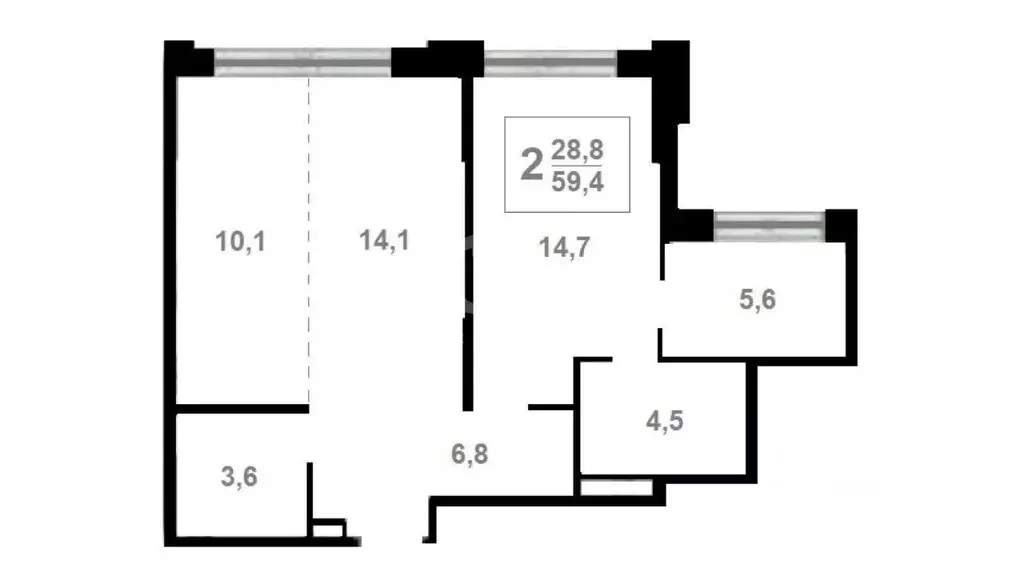 Квартира, 2 комнаты, 59.4 м - Фото 1