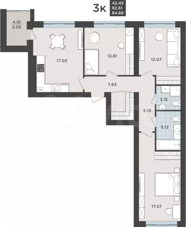 3-к. квартира, 82,6 м, 2/9 эт. - Фото 1