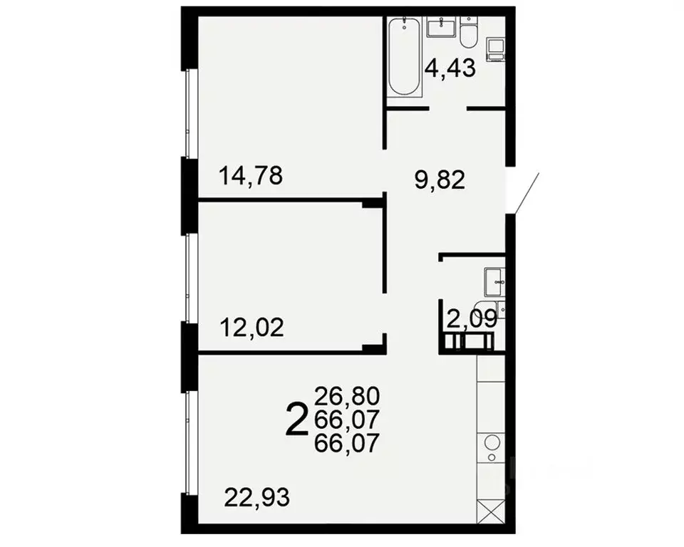 2-к кв. Тульская область, Тула Флагман жилой комплекс (66.07 м) - Фото 1