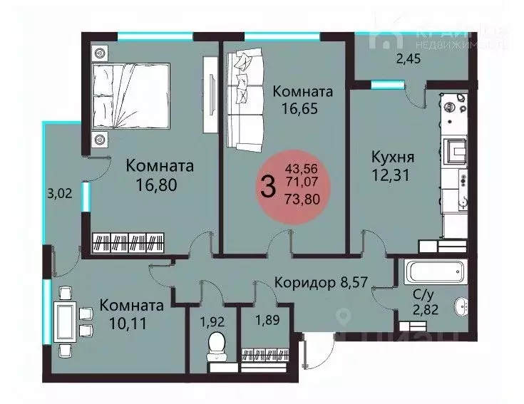 3-к кв. Воронежская область, Воронеж ул. Богдана Хмельницкого, 45А ... - Фото 1