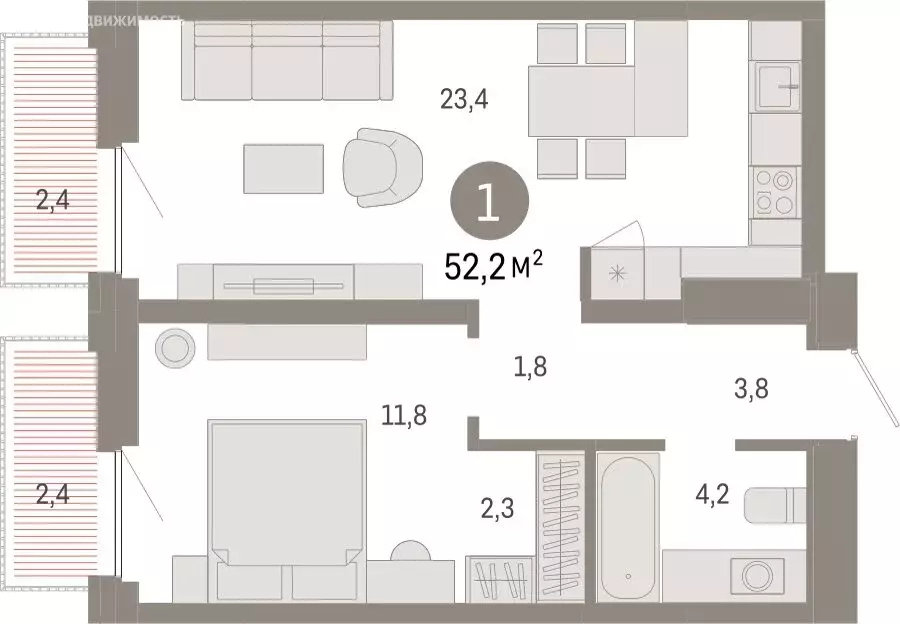 1-комнатная квартира: Тюмень, Мысовская улица, 26к2 (52.24 м) - Фото 1