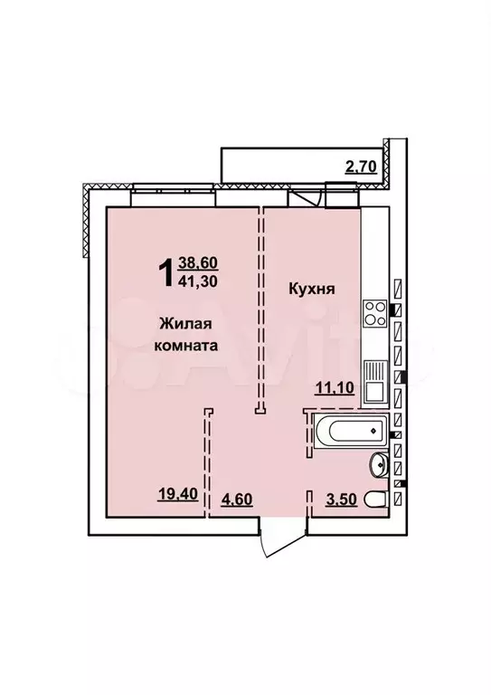 1-к. квартира, 41,3 м, 7/10 эт. - Фото 0