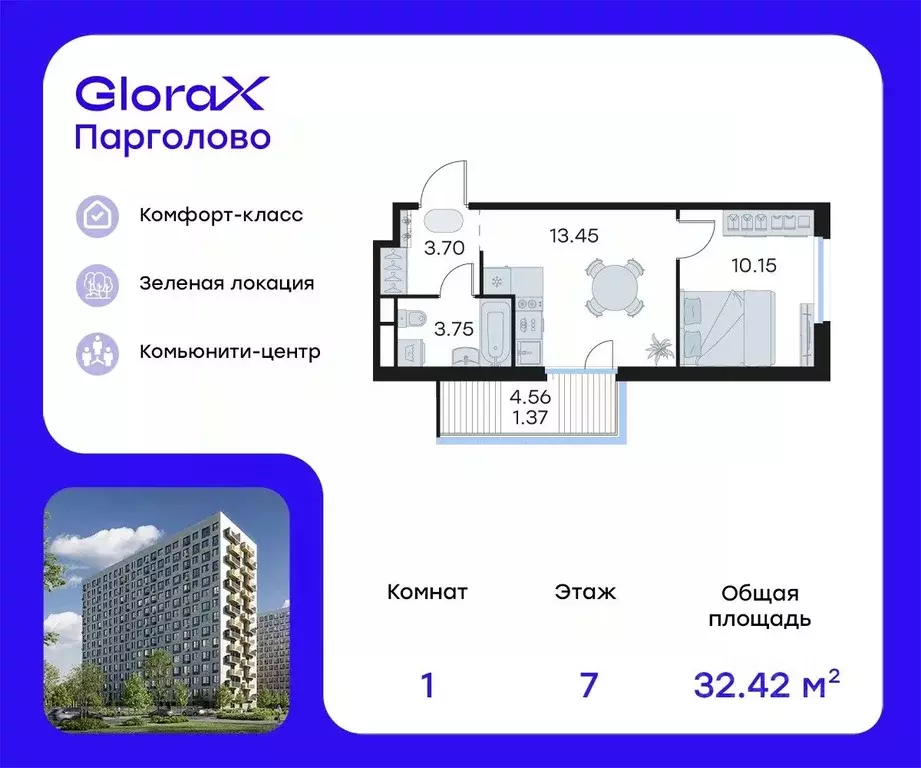 1-к кв. Санкт-Петербург пос. Парголово, Глоракс Парголово жилой ... - Фото 0