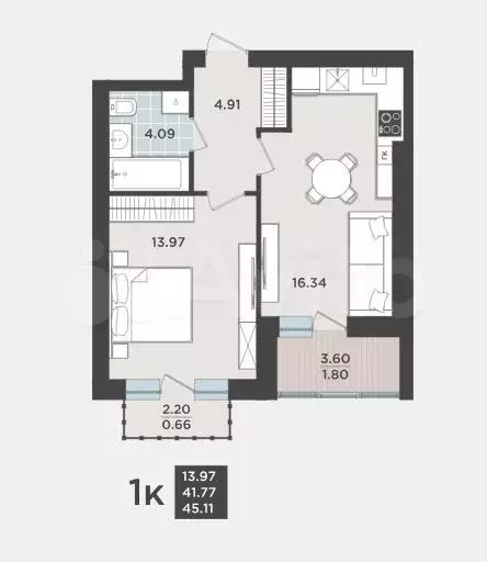 1-к. квартира, 41,8 м, 8/9 эт. - Фото 1