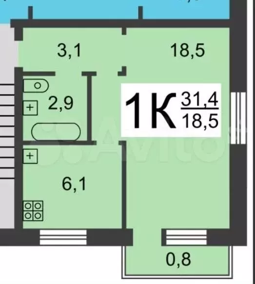 1-к. квартира, 31,4 м, 3/5 эт. - Фото 0