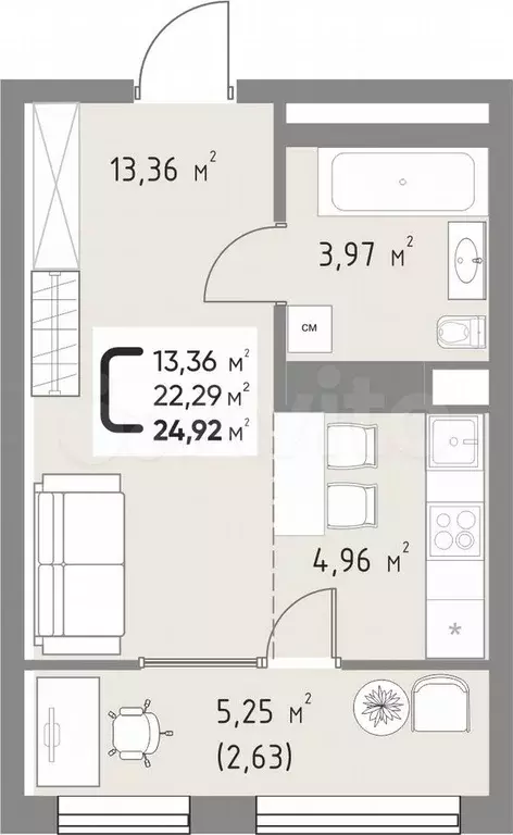 Квартира-студия, 24,9 м, 9/15 эт. - Фото 0