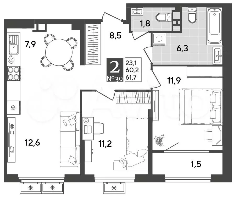 2-к. квартира, 61,7 м, 7/9 эт. - Фото 1