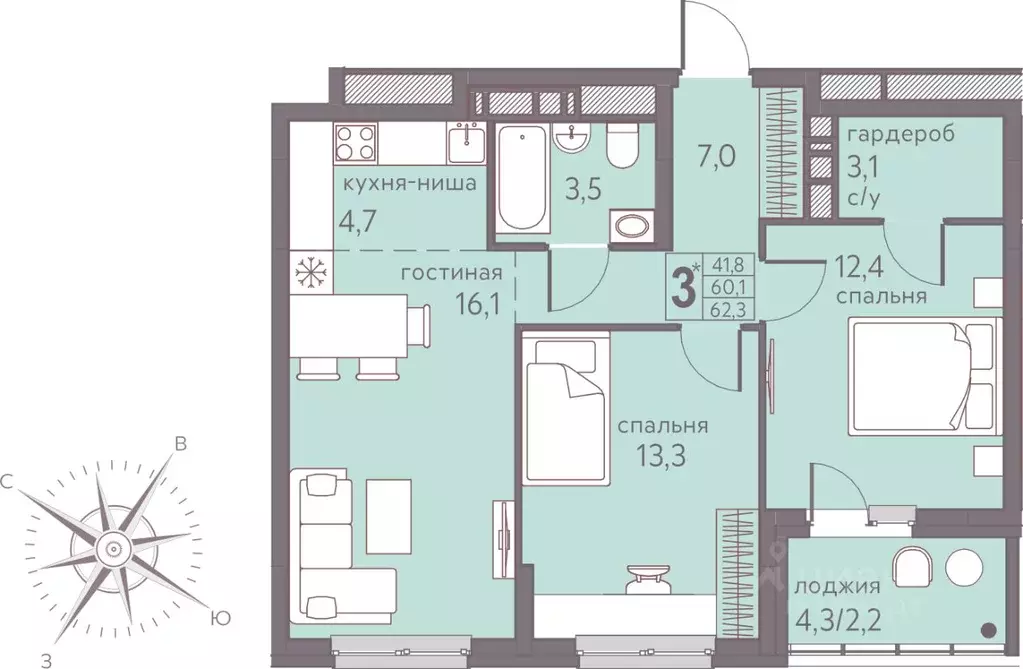 Студия Пермский край, Пермь ул. Серебристая, 7 (62.3 м) - Фото 1