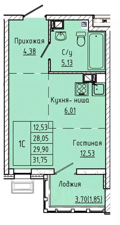 Студия Ростовская область, Ростов-на-Дону ул. Текучева, 370/3 (29.82 ... - Фото 0
