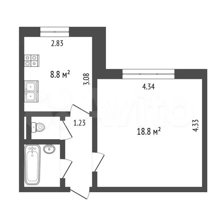 1-к. квартира, 34,3 м, 1/9 эт. - Фото 0