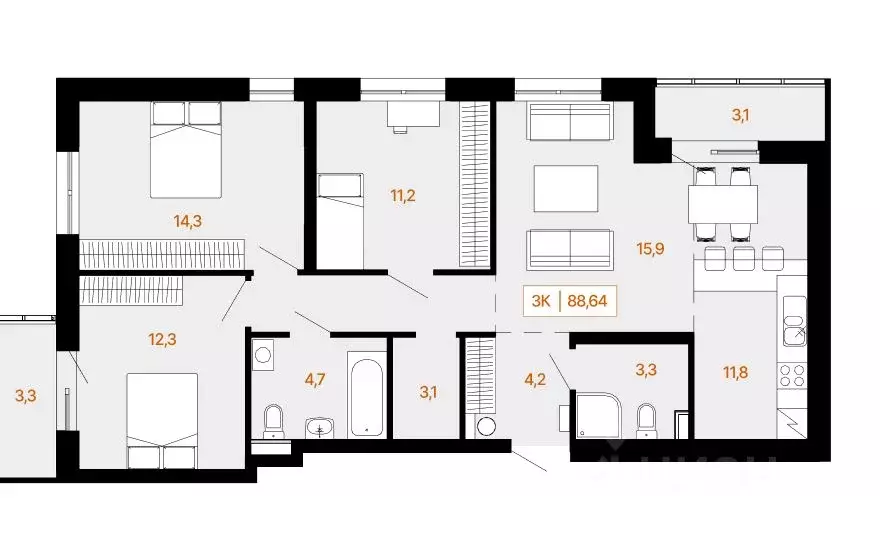 3-к кв. Ханты-Мансийский АО, Ханты-Мансийск Самаровская ул., 2А (89.04 ... - Фото 0