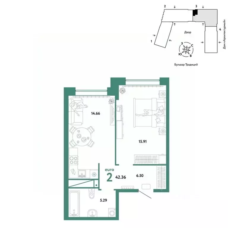 2-к кв. Тюменская область, Тюмень ул. Новоселов, 98 (42.36 м) - Фото 0