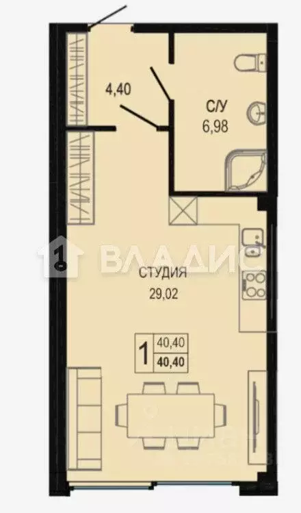 Студия Севастополь ул. Пляж Омега, 39с1 (42.5 м) - Фото 1