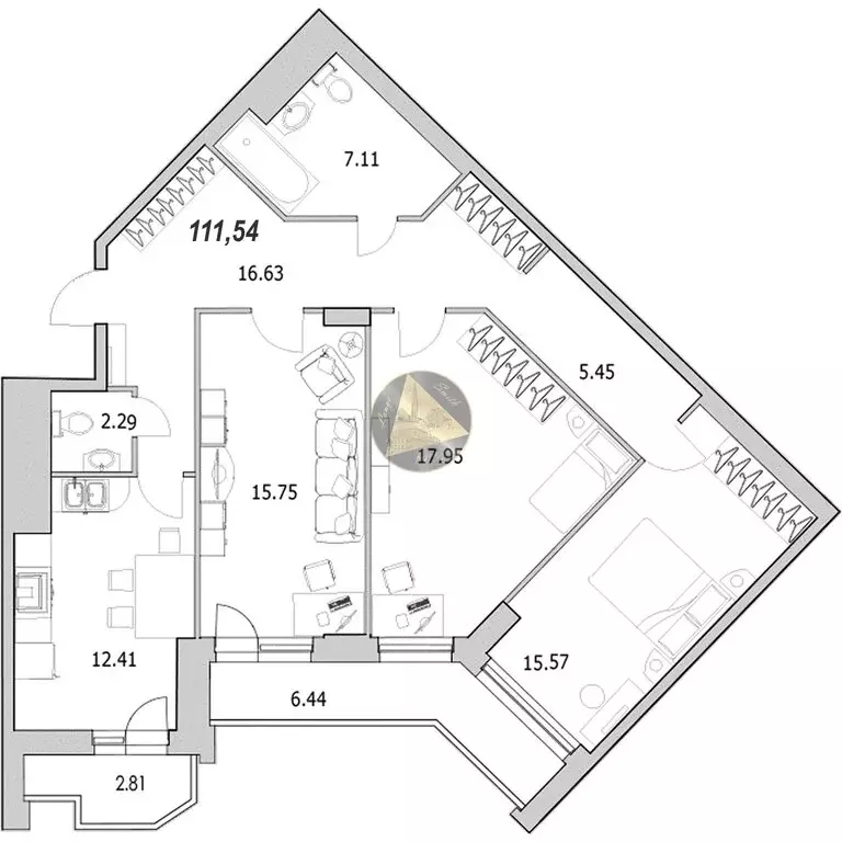 3-комнатная квартира: Санкт-Петербург, улица Кустодиева, 5к1 (111.54 ... - Фото 0