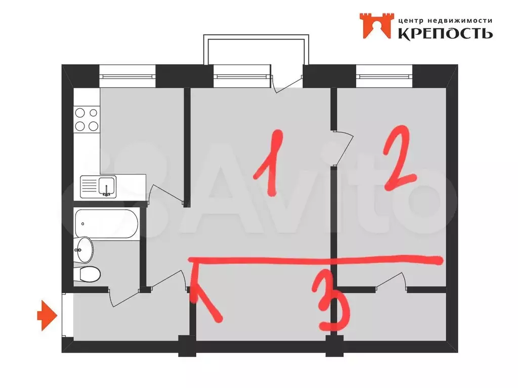 2-к. квартира, 45 м, 4/4 эт. - Фото 0