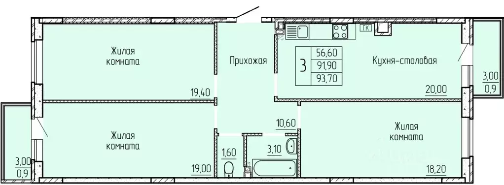 3-к кв. Ростовская область, Батайск ул. Леонова, 12к2 (94.0 м) - Фото 0