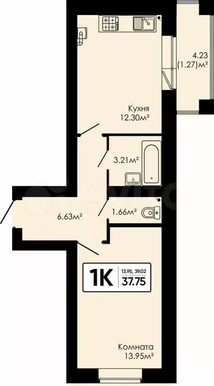 1-к. квартира, 37,8 м, 4/4 эт. - Фото 0