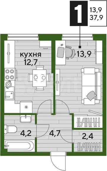 1-к. квартира, 37,9 м, 2/16 эт. - Фото 1